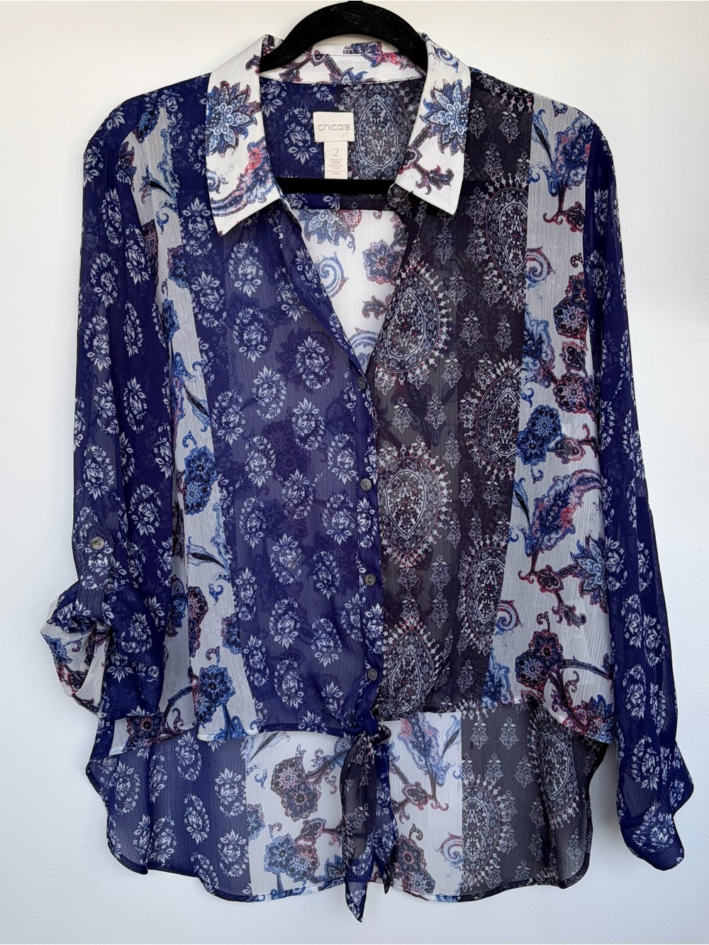 Chico's patched paisley sheer sloan tie front top 2 US 12 Large Byzantine blue